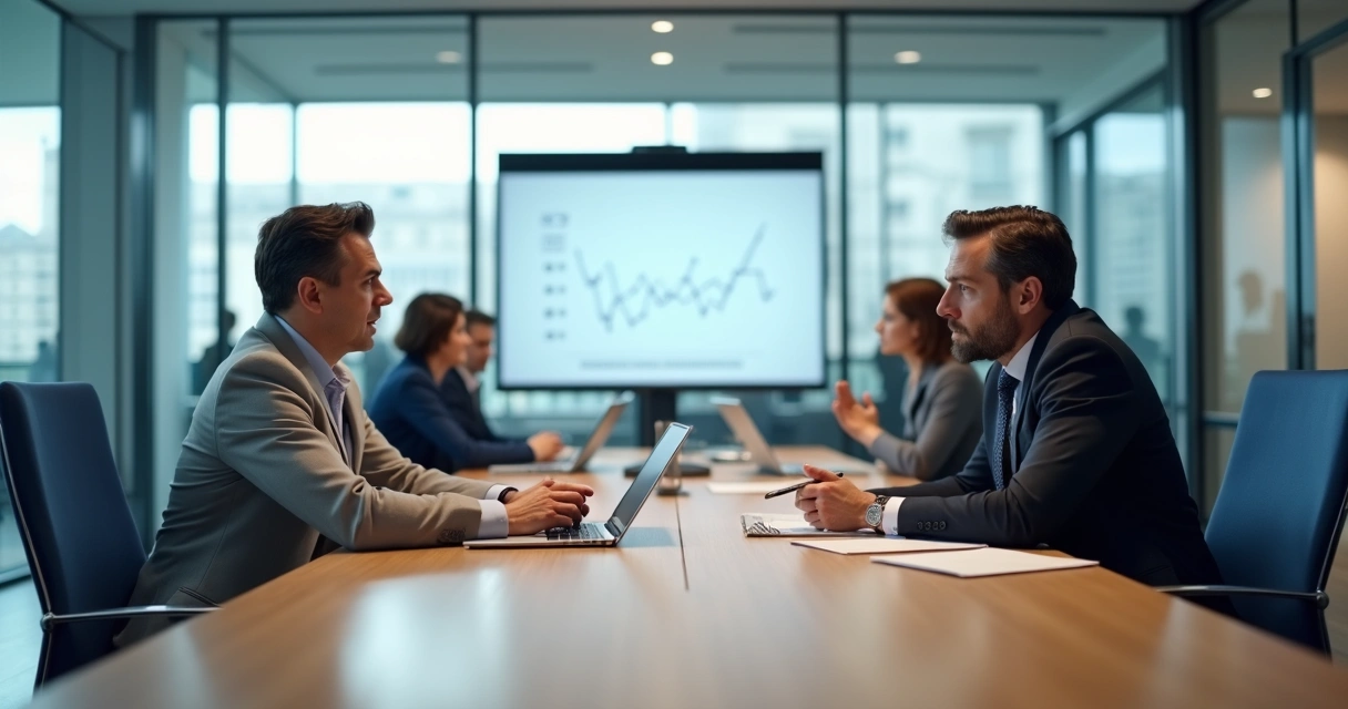 Dois colegas em reunião de trabalho com tensão sutil na comunicação 