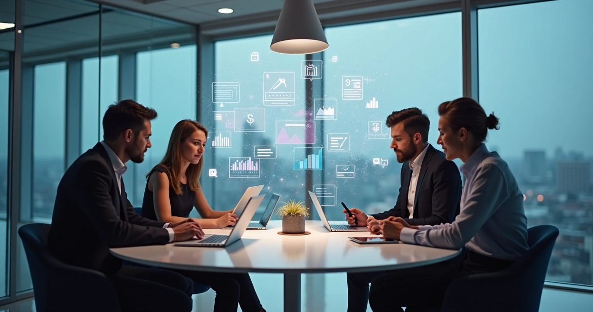 Mesa de trabalho com profissionais de comunicação analisando gráficos, dispositivos digitais e mídias sociais, ambiente moderno com telas projetando dados