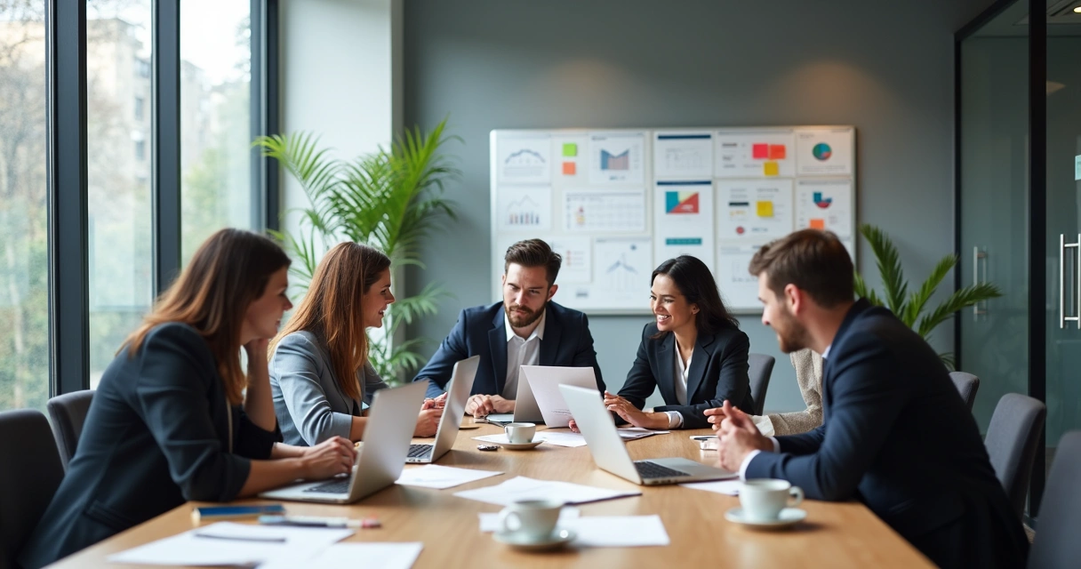 Equipe de vendas conversando em reunião ao redor de uma mesa de escritório