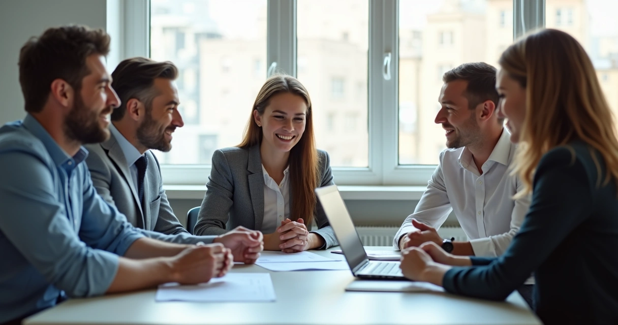 Colegas de trabalho conversando em uma sala de reunião, com expressões atentas e amigáveis. 