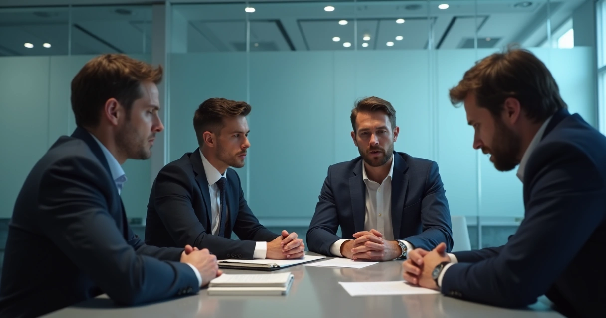 Reunião de trabalho com clima tenso e expressões faciais fechadas 