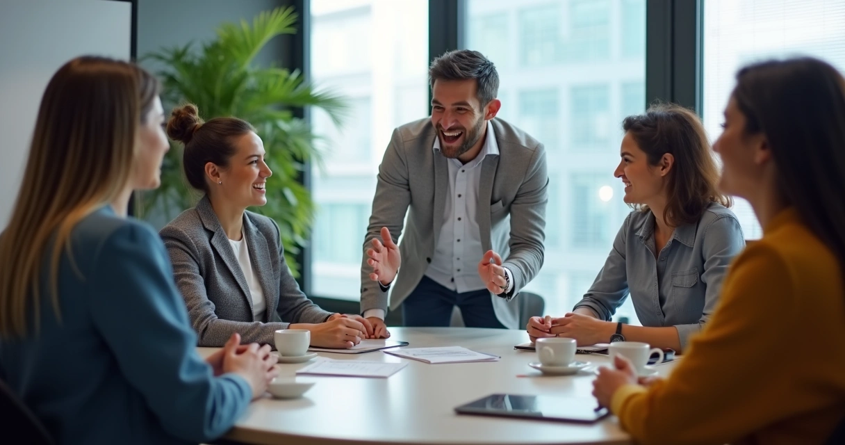 Líder conversando de forma amistosa com equipe em mesa redonda, todos atentos 