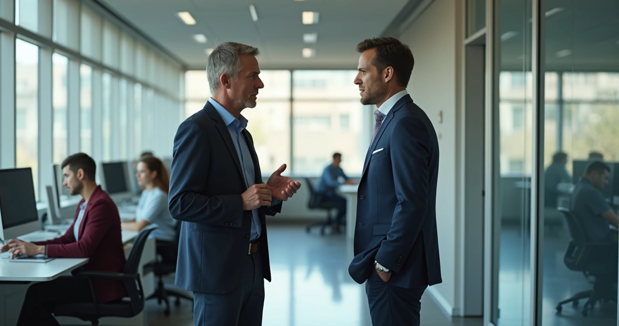 Profissionais em corredor de escritório, dois conversando em tom sério enquanto ao fundo outros olham telas de computador. 