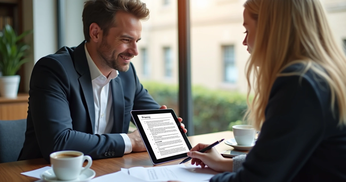 Pessoa explicando política de privacidade para cliente mediante tablet, mesa com café e papéis 