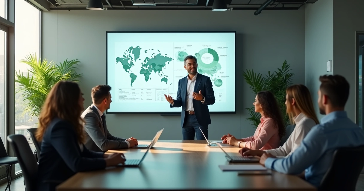 Executivo apresentando dados de impacto ambiental em tela para equipe atenta 