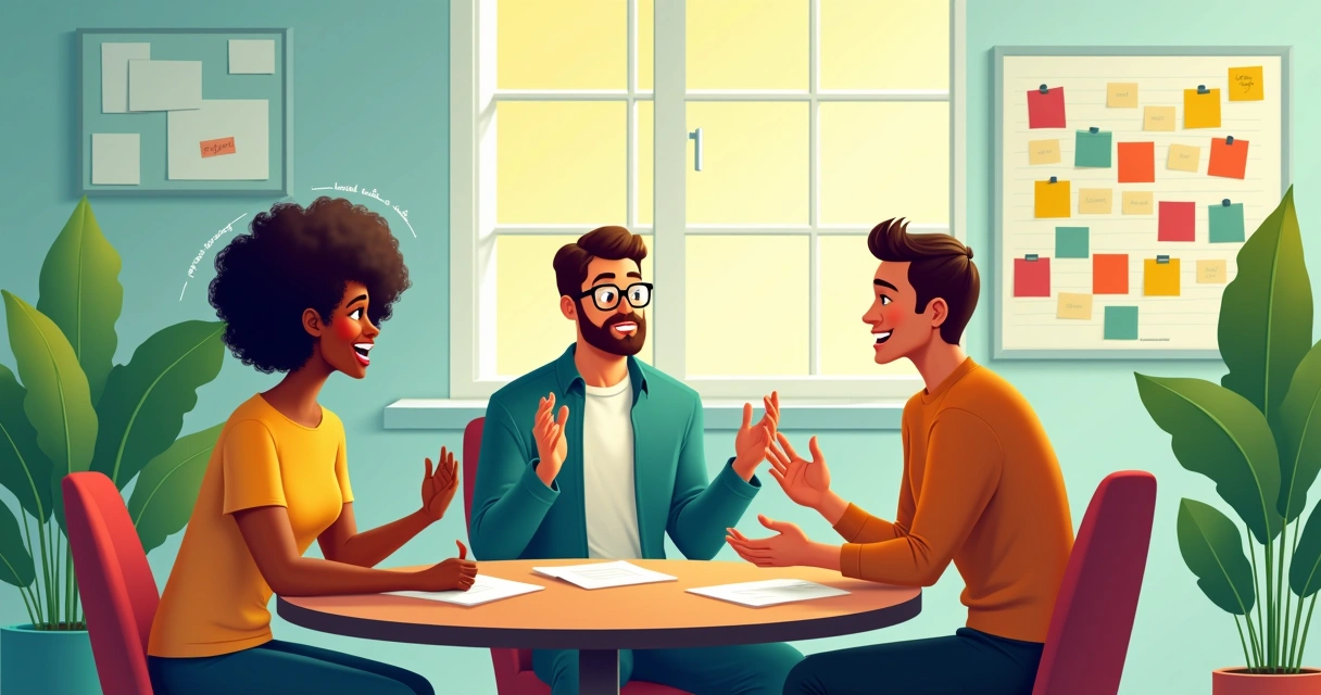 Ilustração de uma equipe diversificada em um escritório moderno, discutindo ideias e comunicando-se abertamente.