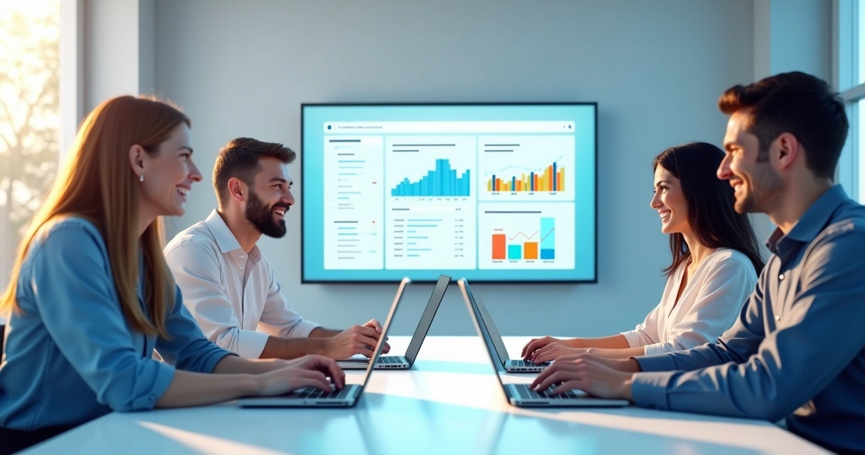 Reunião de afiliados digitais trocando informações em notebooks 