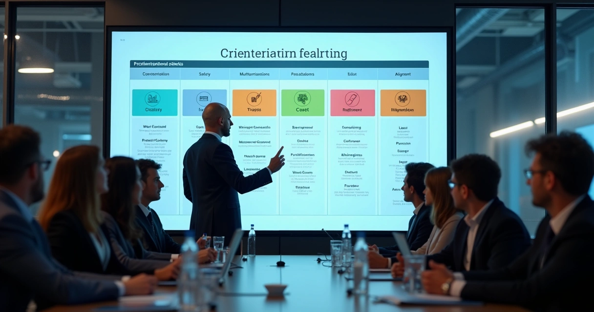 Líder de projetos industriais apresentando critérios de priorização em quadro digital para equipes 