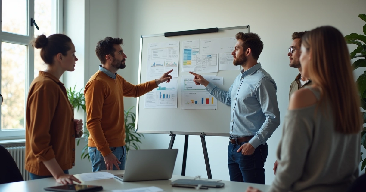 Equipe reunida discutindo informações em quadro branco 