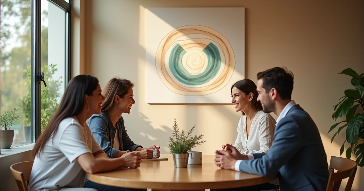 Três pessoas em mesa redonda conversando com conectores de fala e coração ao fundo 