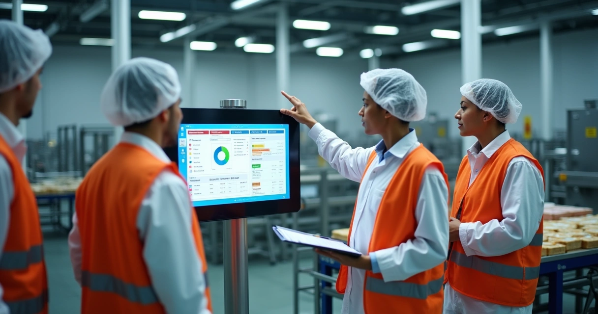 Gestores de produção alinhando comunicação entre turnos em fábrica de alimentos 