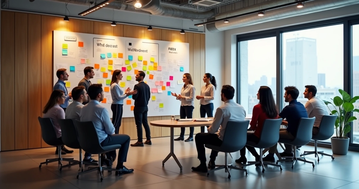 Equipe reunida discute valores da empresa em mural
