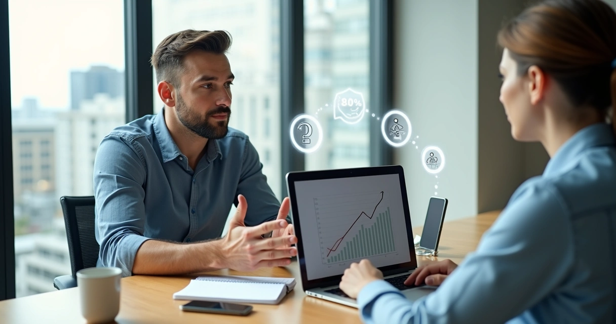 Pessoa falando com cliente em mesa de trabalho com ícones de vendas e conversão ao redor 