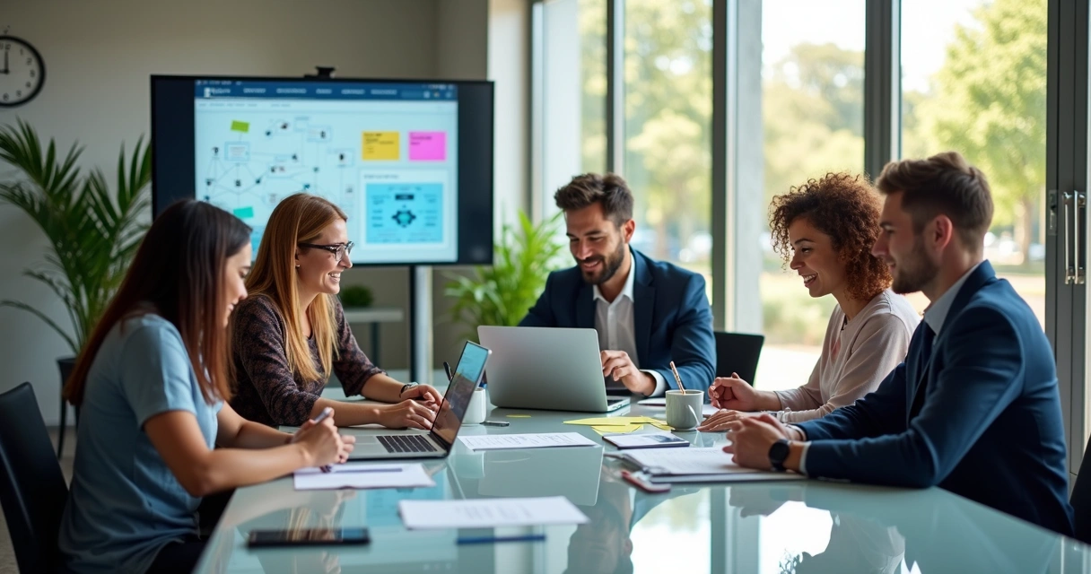 Equipe diversa colaborando efetivamente em ambiente de escritório moderno com laptops e anotações 