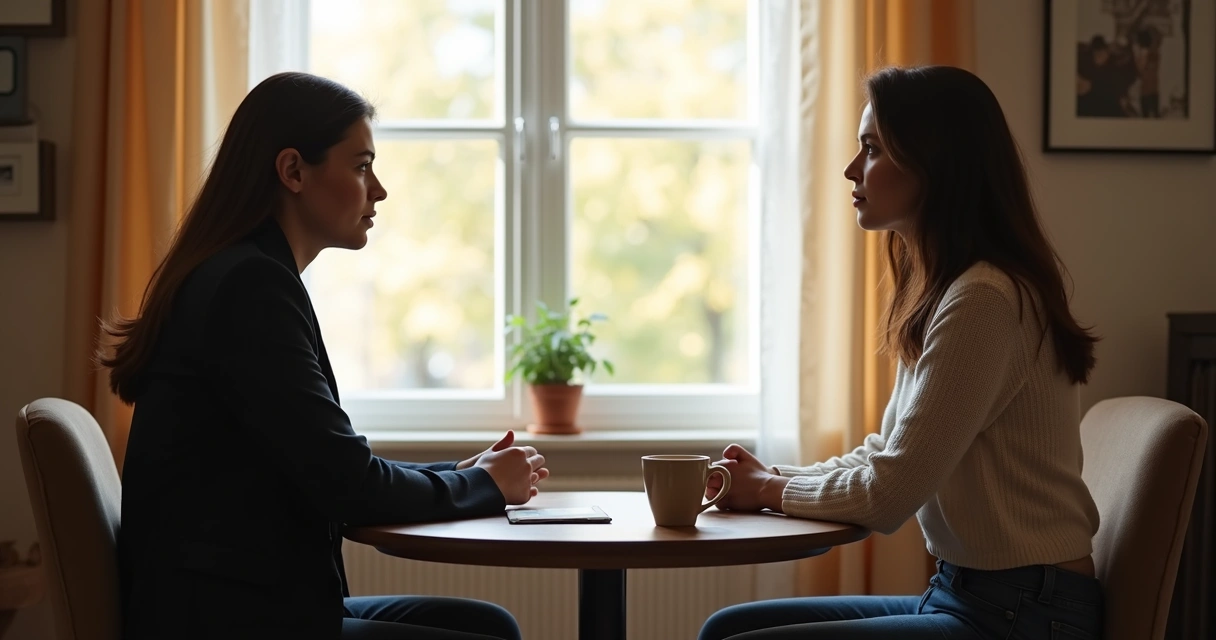 Dos personas sentadas frente a frente dialogando en una mesa pequeña con gestos calmados