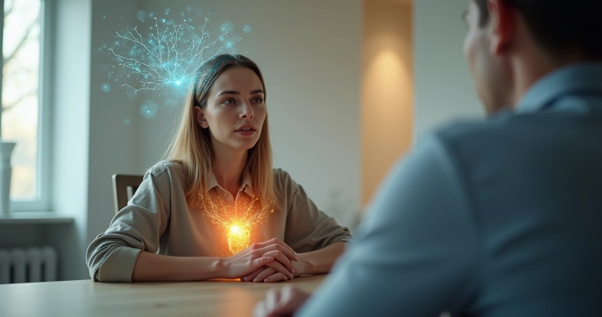 Persona hablando con expresiones emocionales conectadas visualmente a su cerebro y corazón 