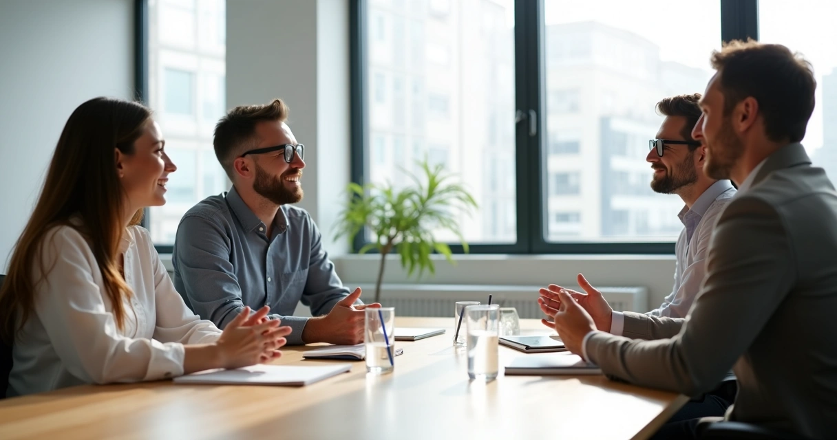 Personas dialogando en una mesa con expresión serena y atenta 