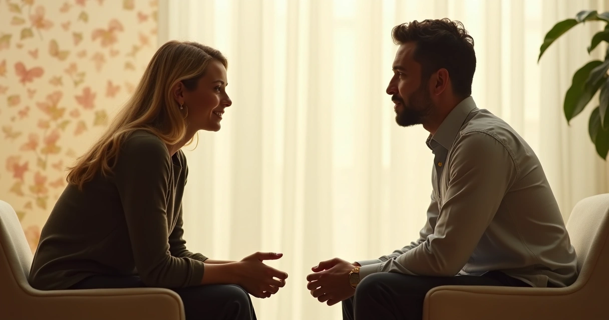 Dos personas conversando sentadas frente a frente, una expresión reflexiva y un ambiente sereno