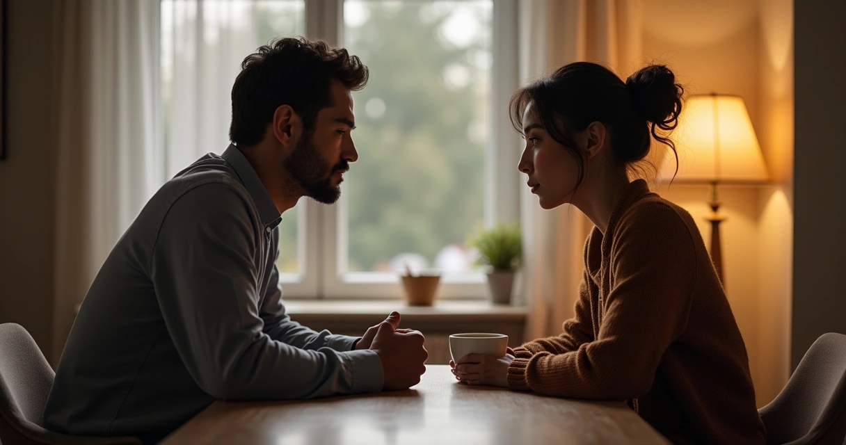 Dos personas sentadas una frente a la otra en una mesa conversando de forma tranquila