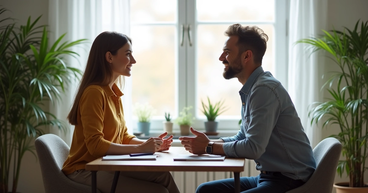 Dos personas dialogando con respeto y atención mutua 