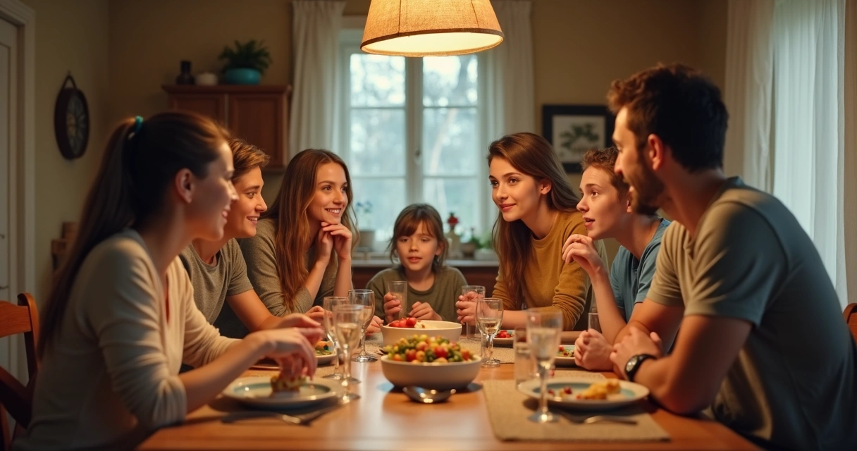 Familia sentada alrededor de una mesa conversando de manera activa y atenta. 