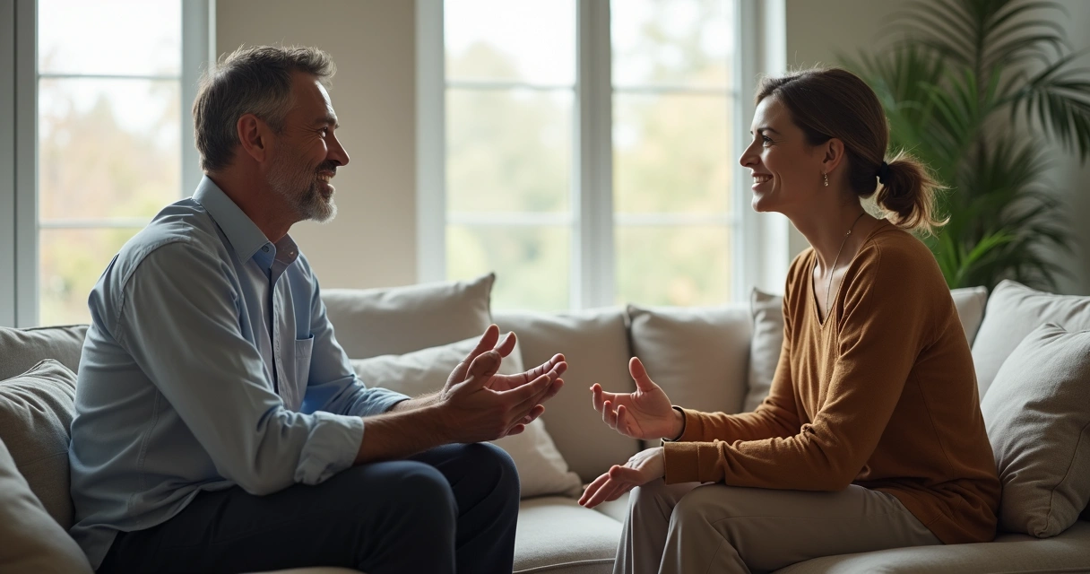 Pareja conversando de manera serena en sala moderna 