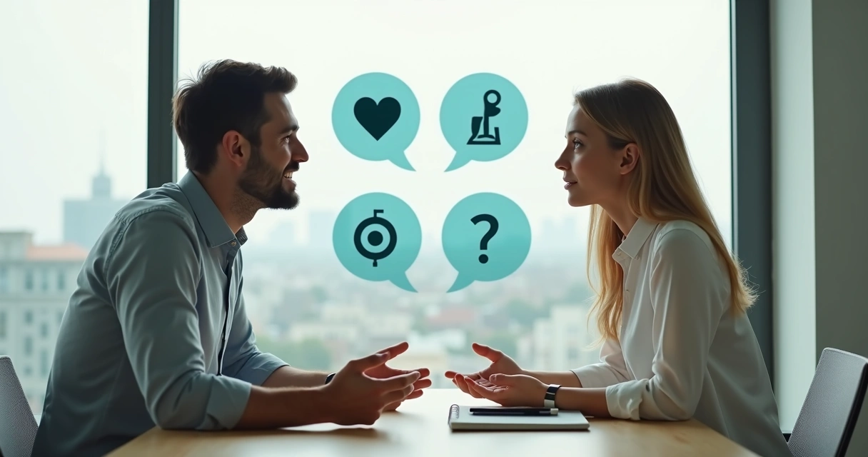 Dos personas dialogando frente a frente con líneas de conexión entre sus mentes 