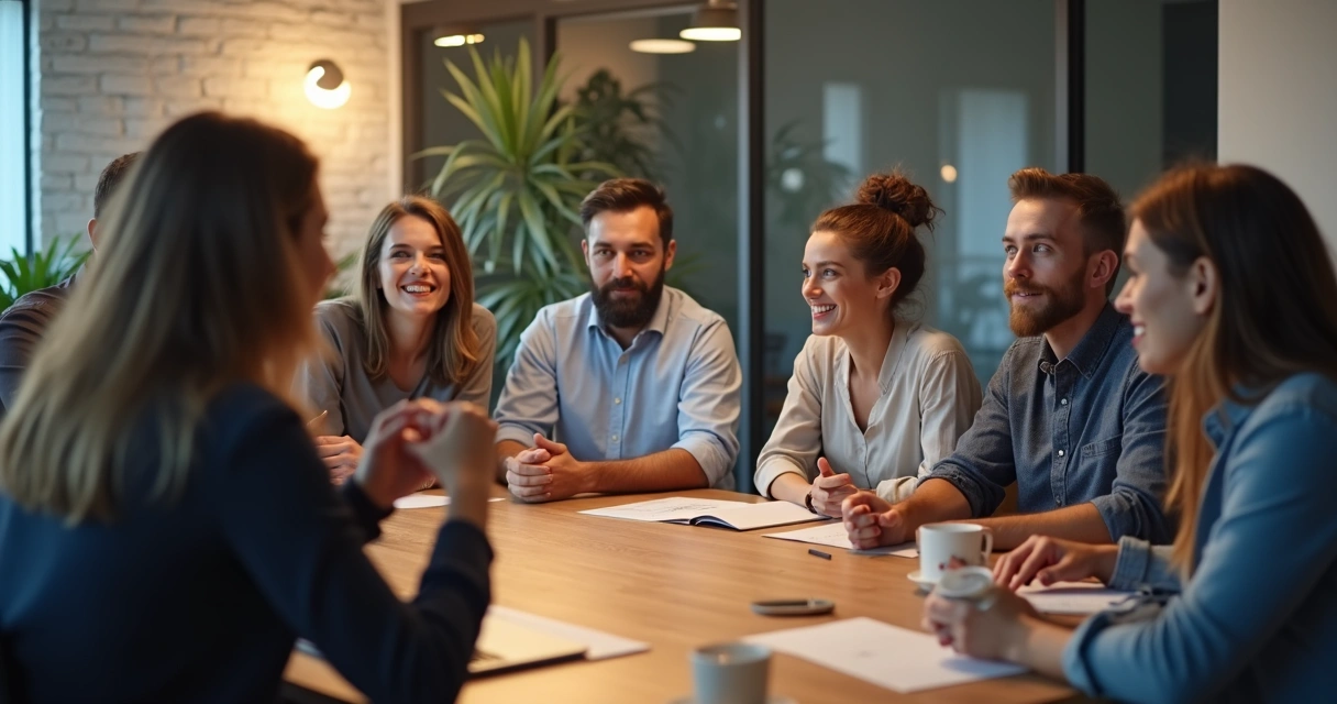 Grupo de personas en una sala de reuniones colaborando, con el líder hablando y gestos de atención en el equipo 