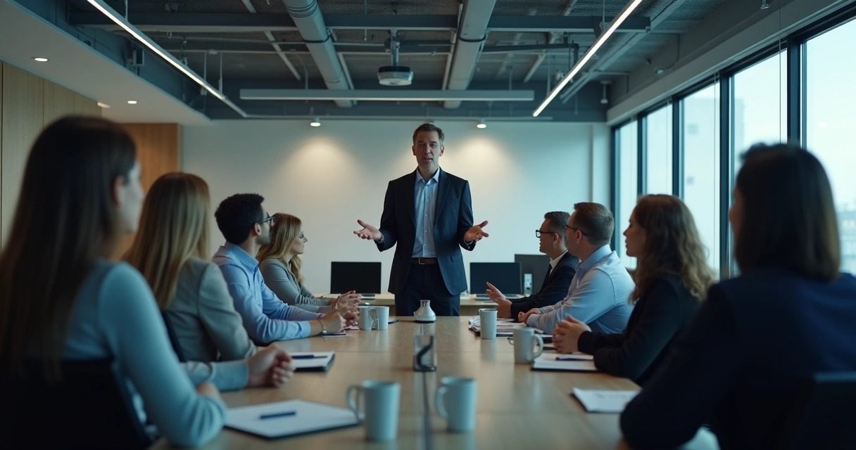 Líder hablando a empleados serios en una oficina moderna, sin conexión visible 