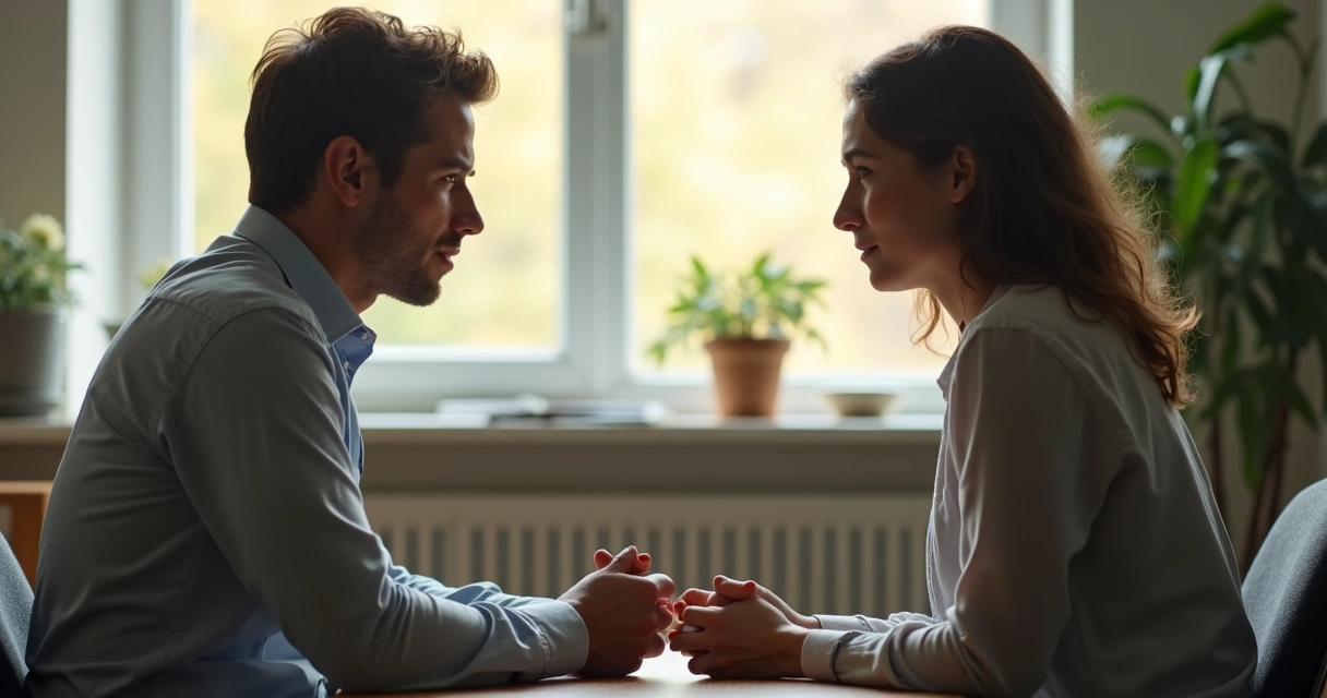 Dos personas sentadas frente a frente en una sala de oficina, una comunica algo serio mientras la otra escucha atentamente 