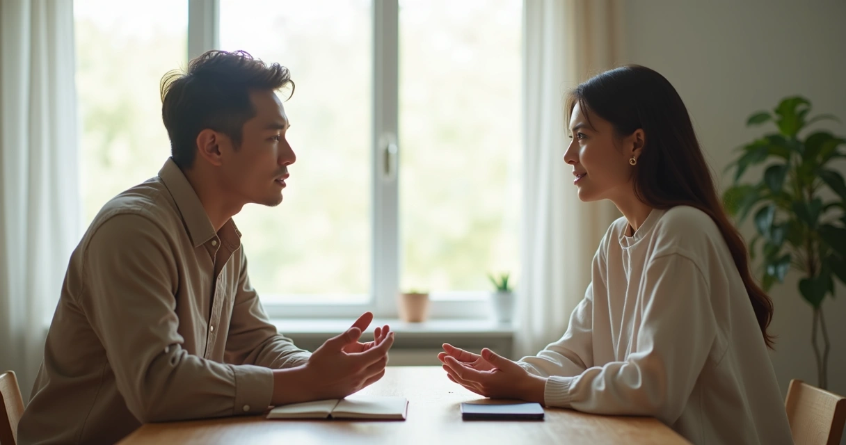 Dos personas conversando con calma practicando mindfulness en la comunicación 