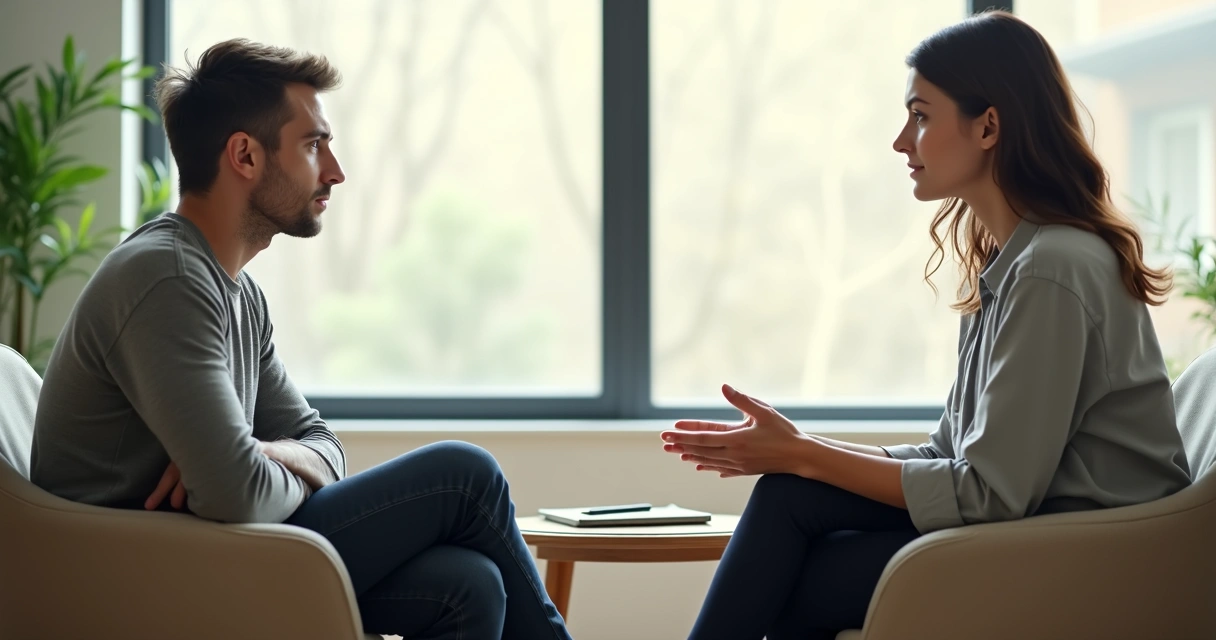 Dos personas conversando con lenguaje corporal contrastante en un entorno tranquilo 