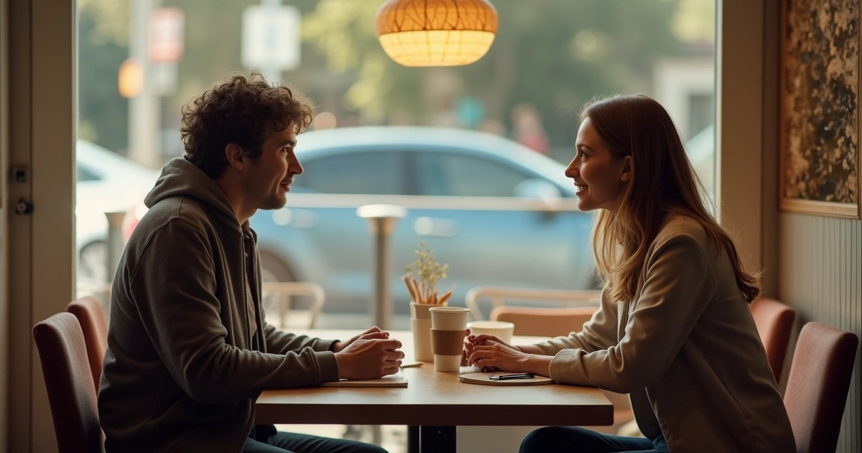 Dos personas sentadas frente a frente, una escuchando atentamente a la otra. 