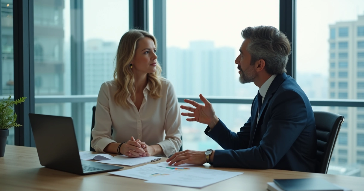 Dos personas en una reunión, haciendo contacto visual e interpretando gestos mutuos
