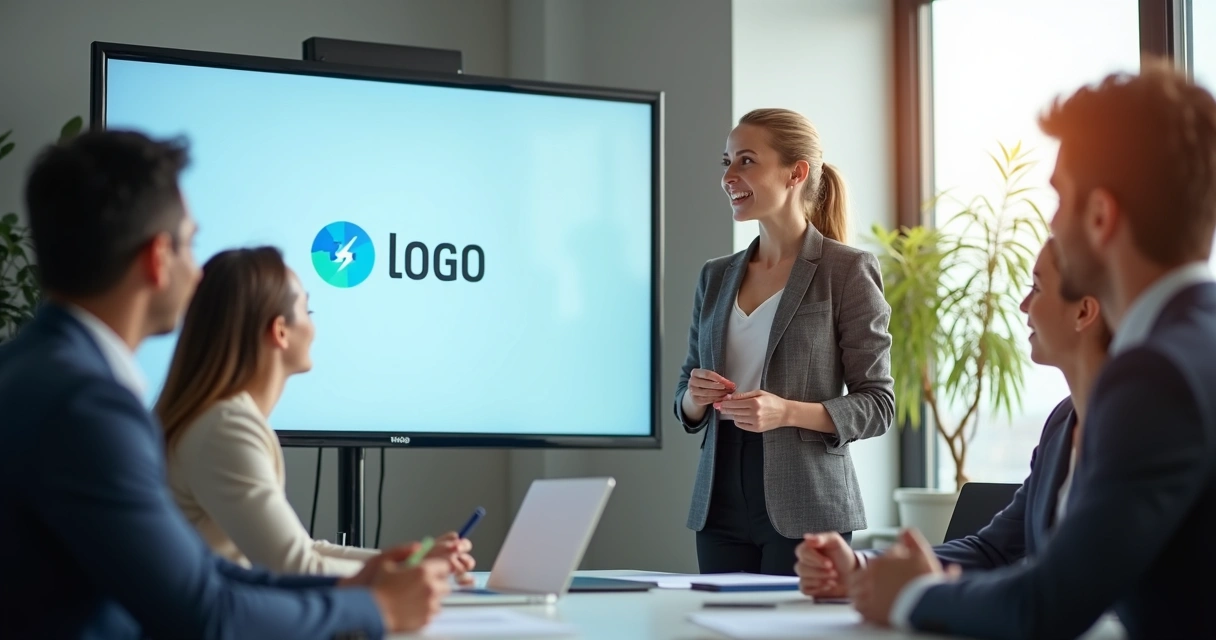 Profissional apresentando nova marca em tela para equipe 