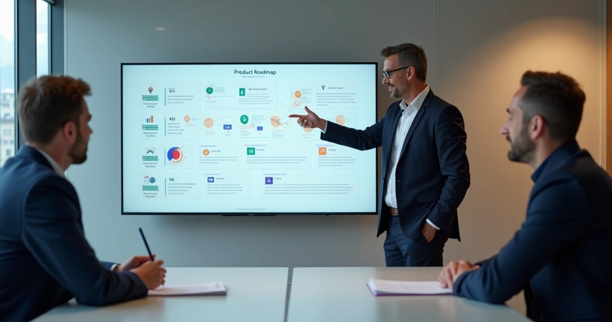 Reunião pequena mostrando roadmap aos clientes em TV 