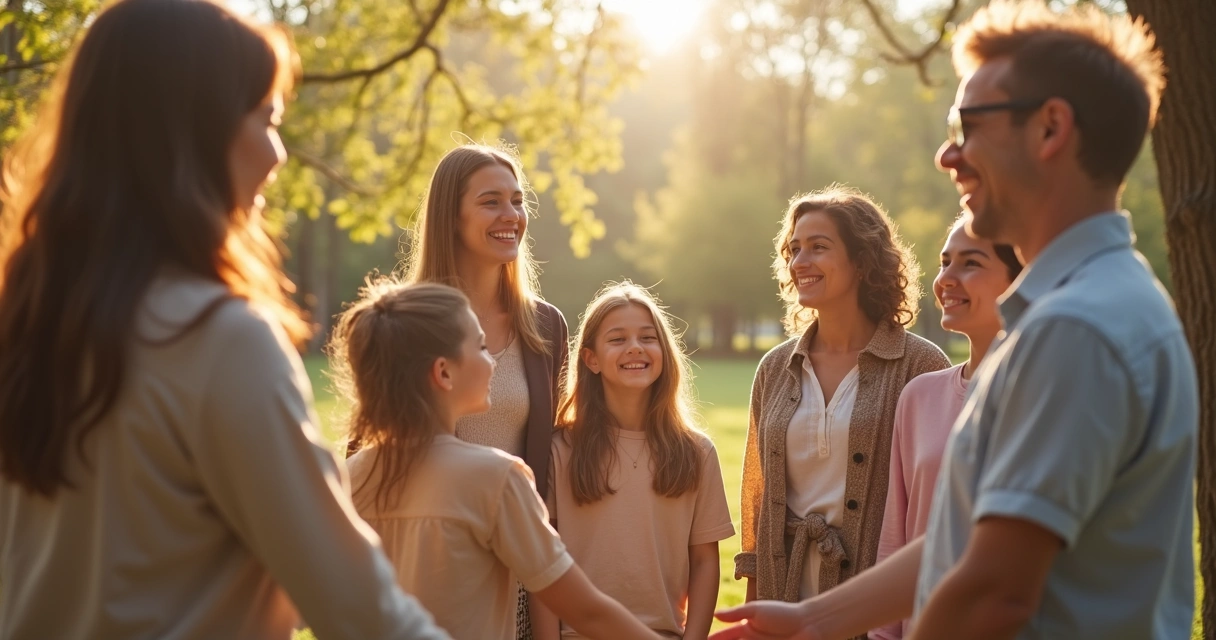 Grupo de personas reunidas en círculo en un parque, compartiendo palabras de gratitud en un ambiente cálido y armonioso
