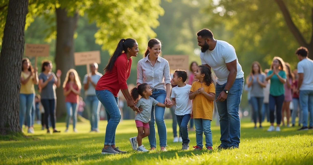 Grupo de personas apoyando a una familia adoptiva en un parque 