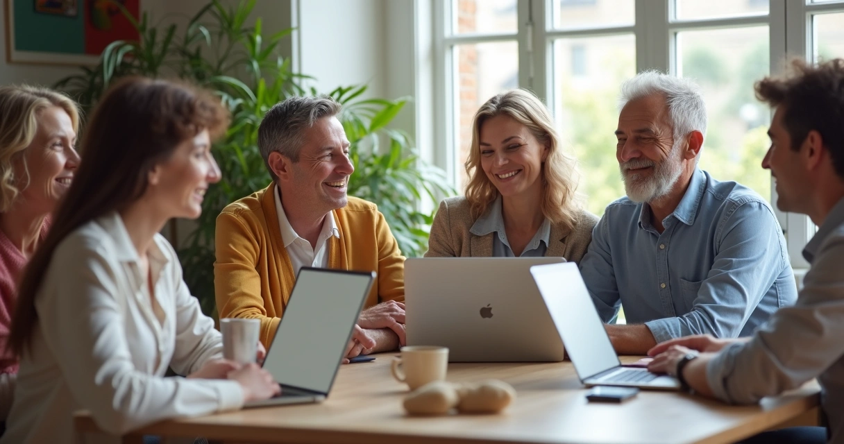 Grupo de personas reunidas apoyándose digitalmente con portátiles