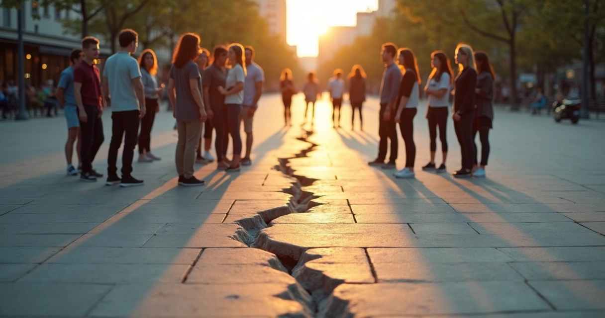 Personas divididas en dos círculos separados unidos por un puente luminoso 