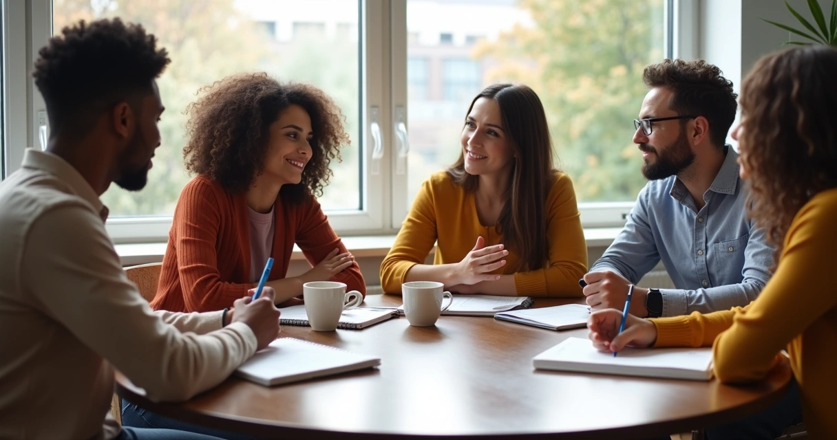 Personas sentadas en círculo compartiendo ideas 