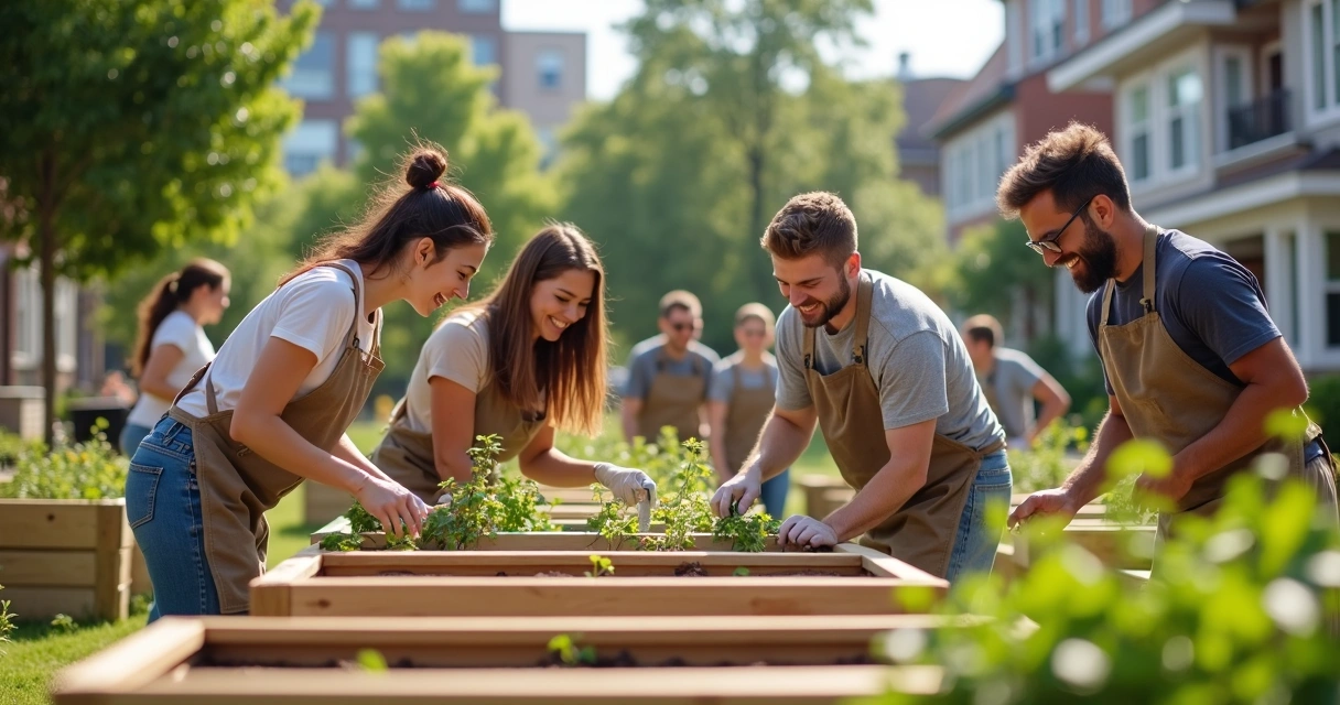 Grupo de vecinos construyendo juntos en un espacio comunitario. 