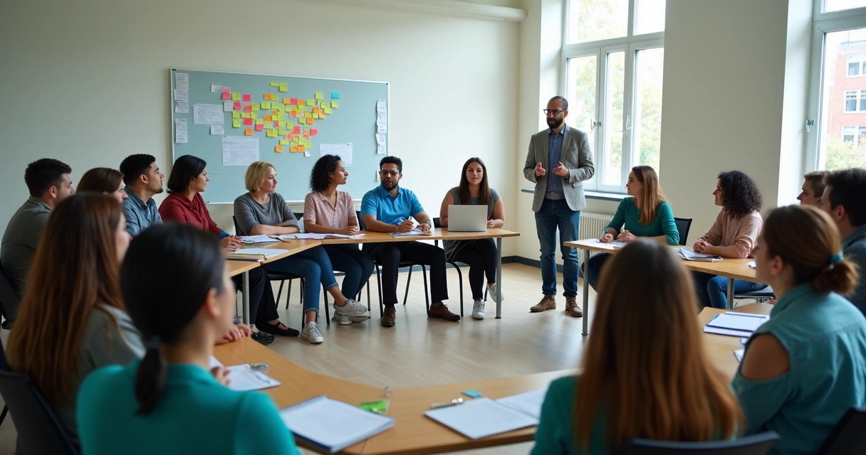 Grupo comunitario participando en una evaluación con notas y encuestas 