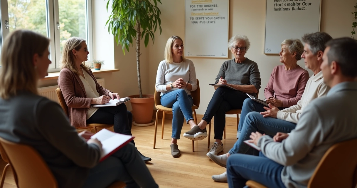 Grupo diverso en círculo compartiendo y escuchando con calma 