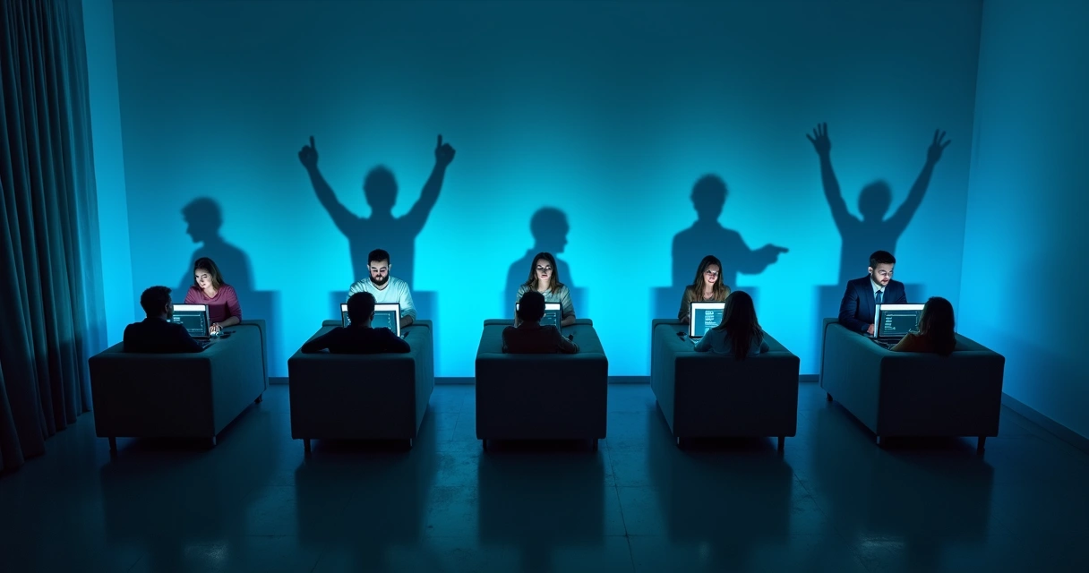 Personas conectadas a redes sociales con sombras oscuras simbolizando roles emocionales tóxicos 