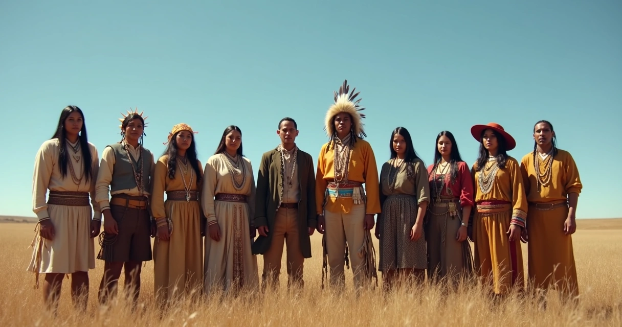 Retrato grupal de nativos Osage vestidos con ropa tradicional y moderna, rodeados por campo y cielo azul