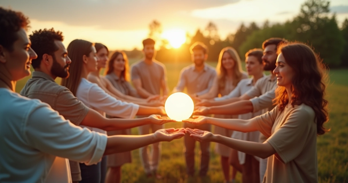 Círculo de personas unidas con luz en el centro representando propósito compartido 