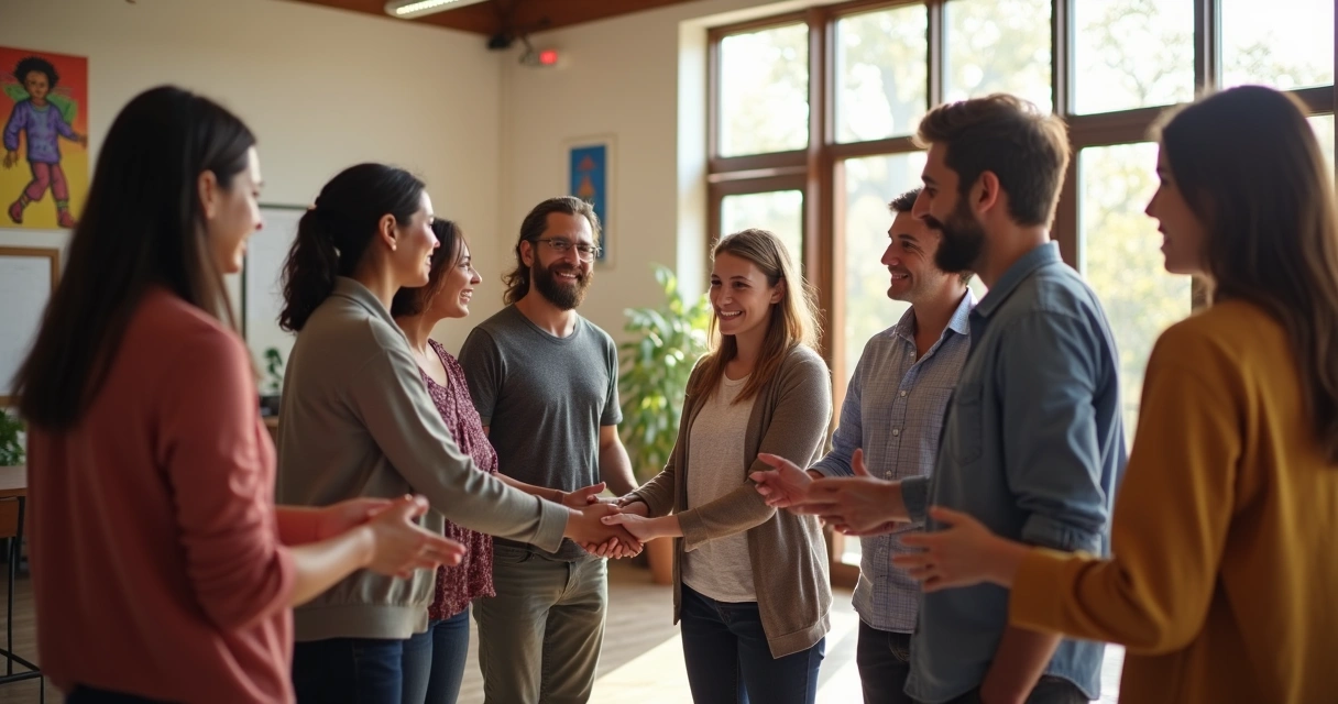 Grupo diverso de personas reconciliándose con diálogo