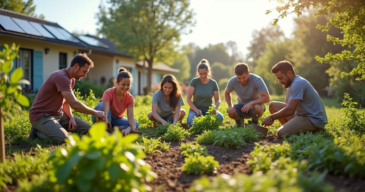 Personas de una comunidad trabajando en un proyecto sostenible 