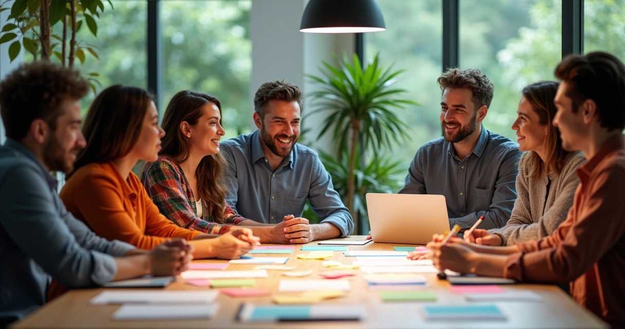 Equipos de distintas edades colaboran en una oficina colorida, varios alrededor de una mesa grande.
